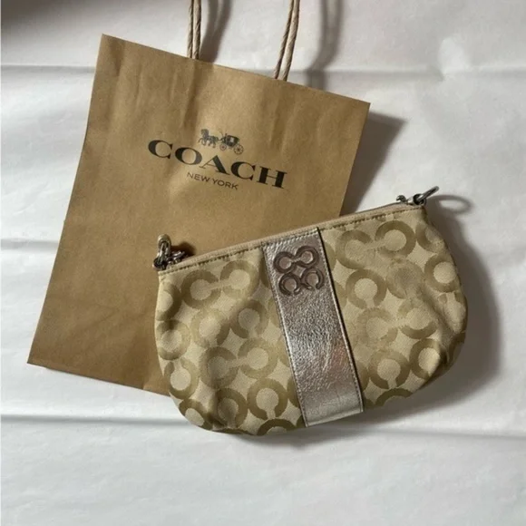 Authentic Coach Beige & Metallic Gold Accent Wristlet - Picture 15 of 16